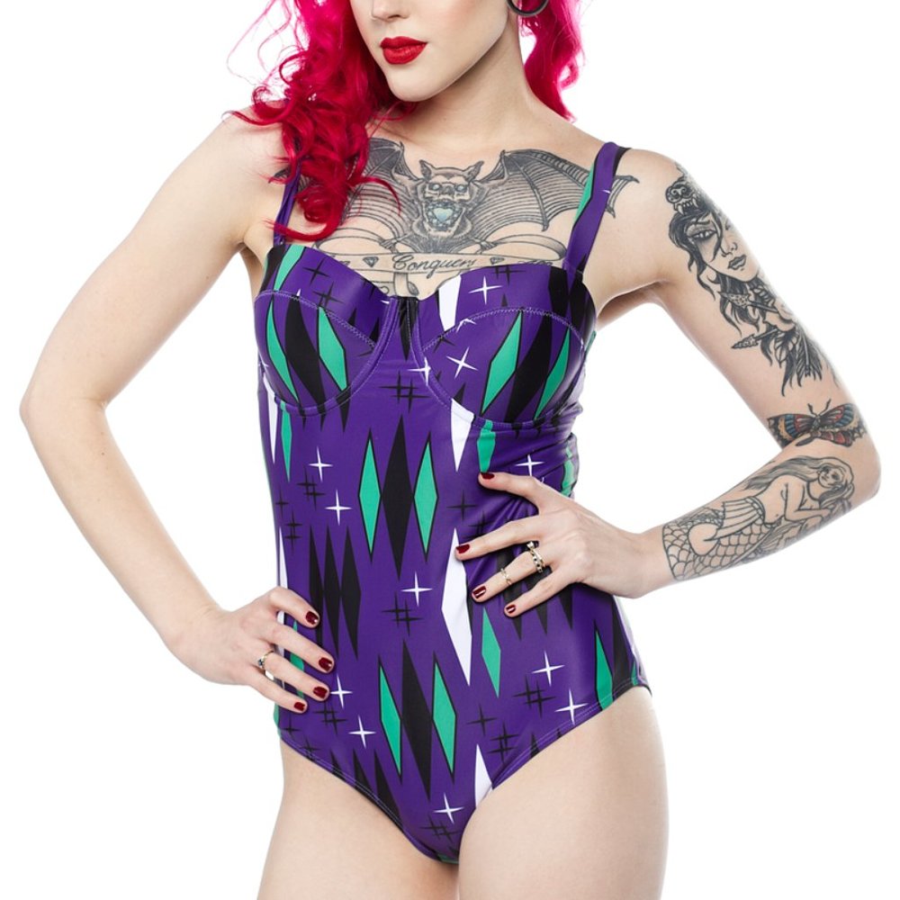 Sourpuss Haunted Diamonds One Piece Swimsuit NWT